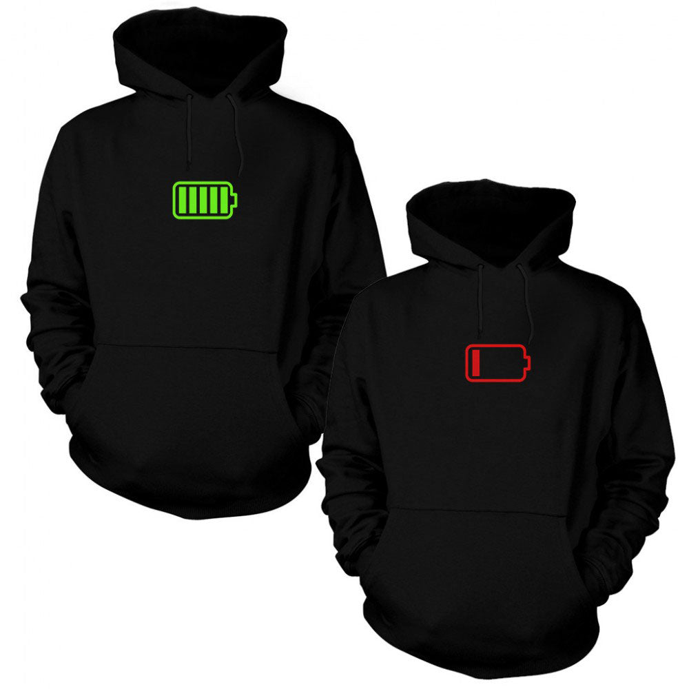 Battery Sevgili Çift Siyah Kapşonlu Sweatshirt Hoodie