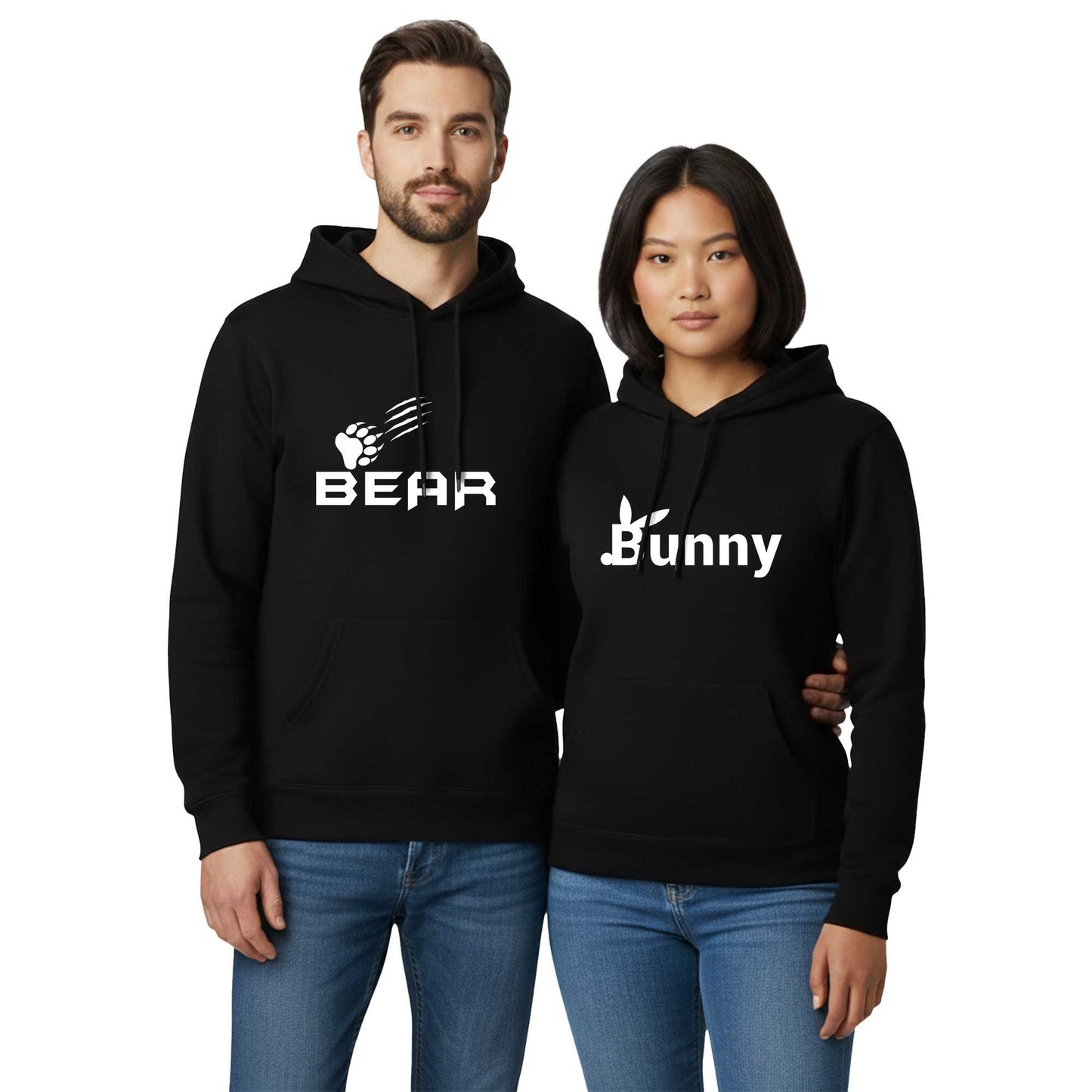 Bear Bunny Sevgili Çift Siyah Kapşonlu Sweatshirt Hoodie
