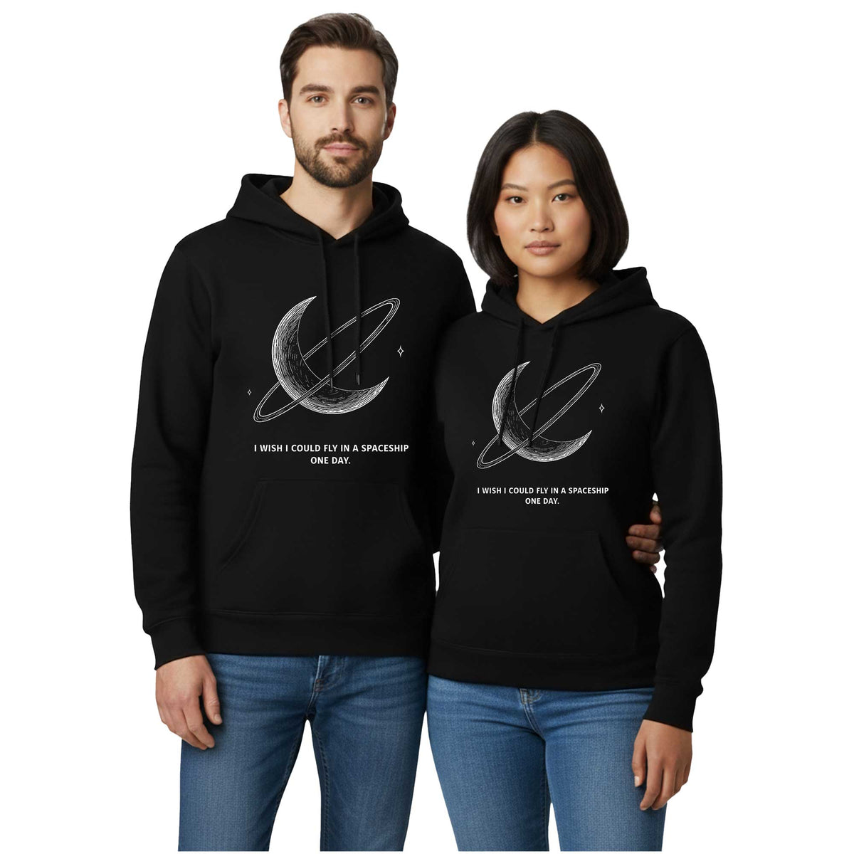 Spaceship Sevgili Çift Siyah Kapşonlu Sweatshirt Hoodie