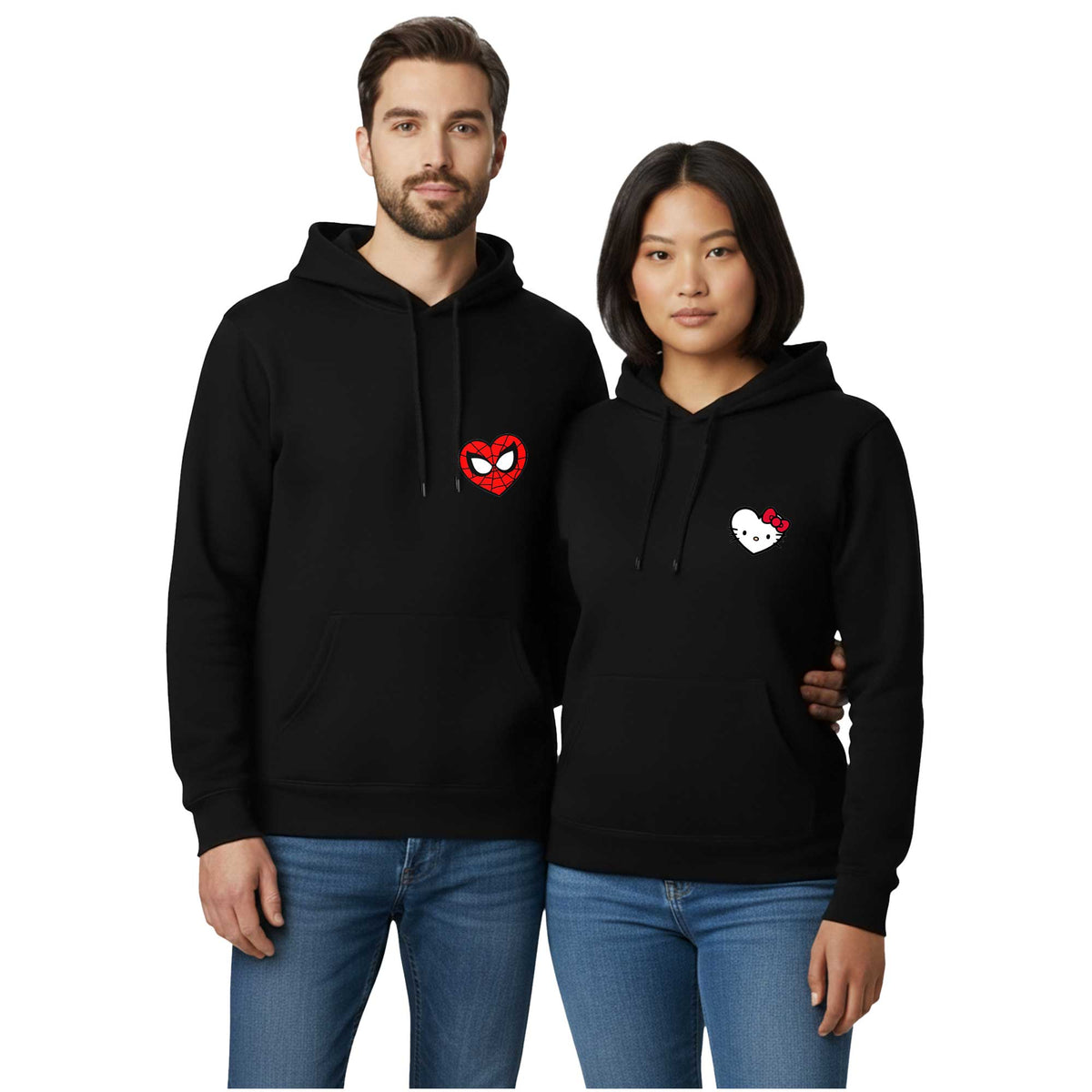 Spiderman Hello Kitty Sevgili Çift Siyah Kapşonlu Sweatshirt Hoodie