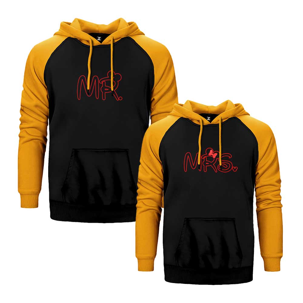 Mr. Mrs. Sevgili Çift Reglan Kol Renkli Kapşonlu Sweatshirt Hoodie