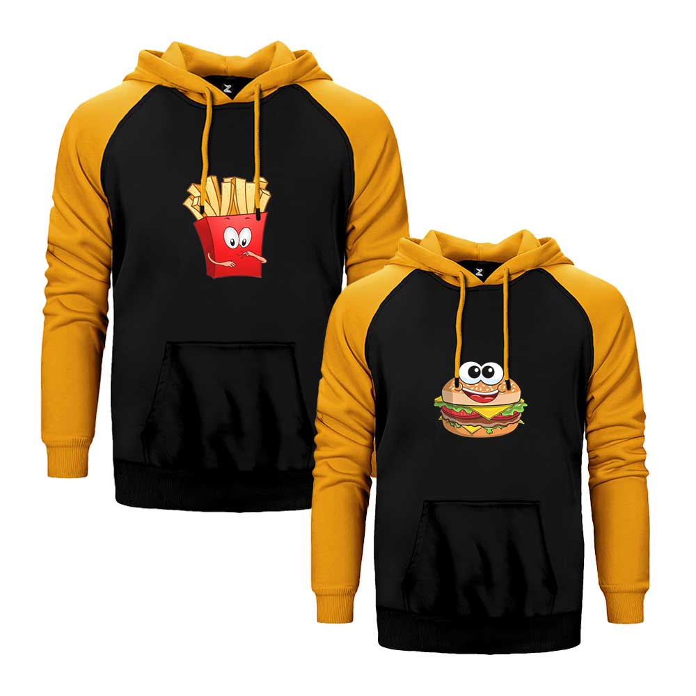 Hamburger Patates Sevgili Çift Reglan Kol Renkli Kapşonlu Sweatshirt Hoodie