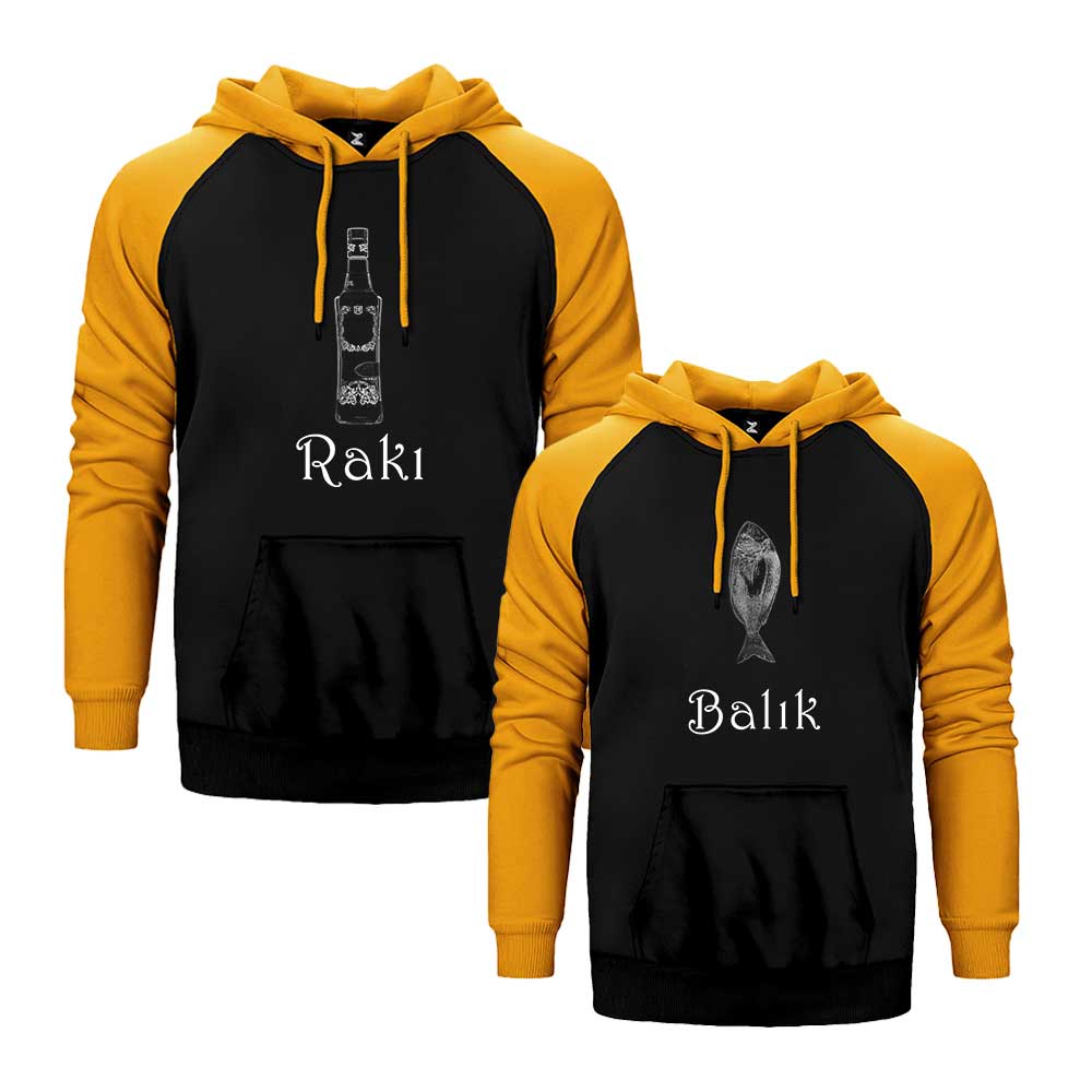 Rakı Balık Sevgili Çift Reglan Kol Renkli Kapşonlu Sweatshirt Hoodie