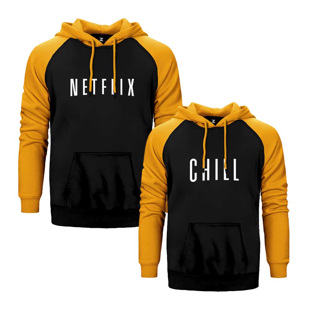 Netflix Chill Sevgili Çift Reglan Kol Renkli Kapşonlu Sweatshirt Hoodie Sweatshirt