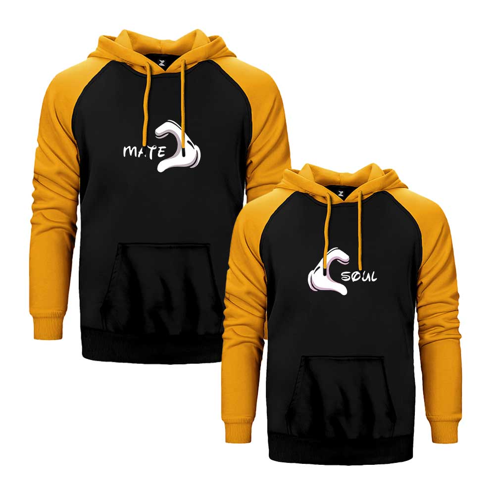 Soul Mate Sevgili Çift Reglan Kol Renkli Kapşonlu Sweatshirt Hoodie Sweatshirt
