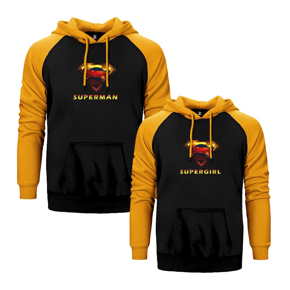 SuperGirl and Man Sevgili Çift Reglan Kol Renkli Kapşonlu Sweatshirt Hoodie Sweatshirt