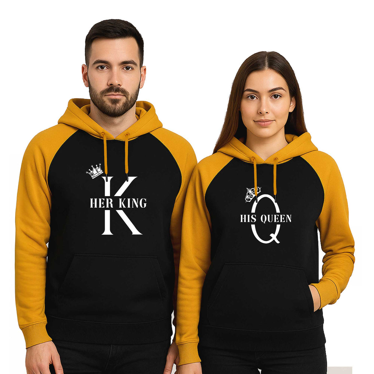 Her King His Queen Sevgili Çift Reglan Kol Renkli Kapşonlu Sweatshirt Hoodie