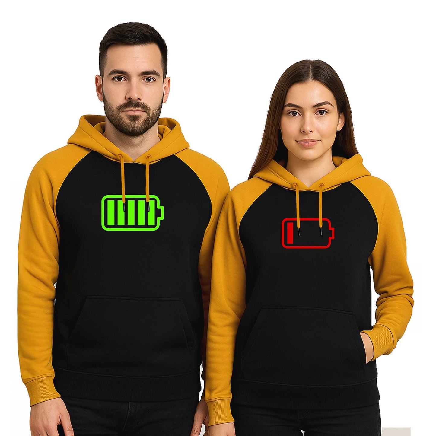 Battery Sevgili Çift Reglan Kol Renkli Kapşonlu Sweatshirt Hoodie