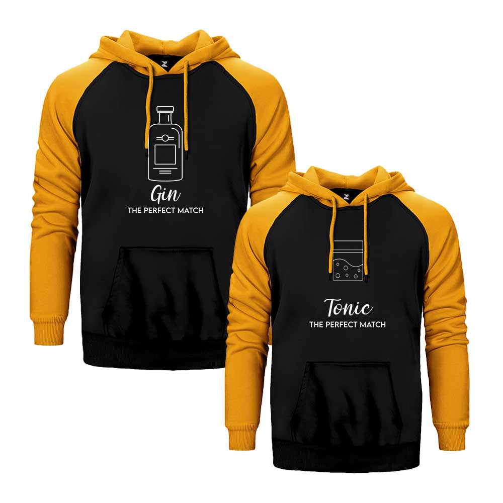 Cin Tonik Sevgili Çift Reglan Kol Renkli Kapşonlu Sweatshirt Hoodie Sweatshirt