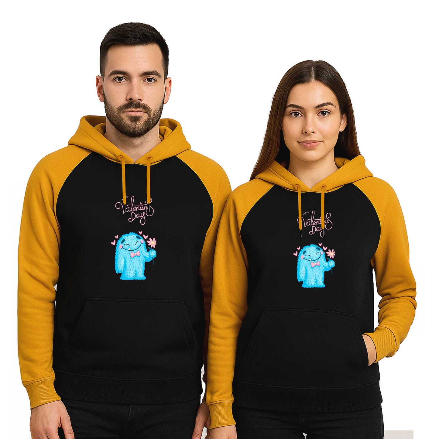 Happy Valentines Day Sevgili Çift Reglan Kol Renkli Kapşonlu Sweatshirt Hoodie