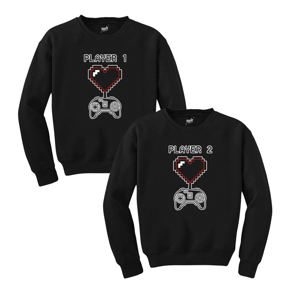 Gamer Player 1 2 Sevgili Çift Siyah Sweatshirt