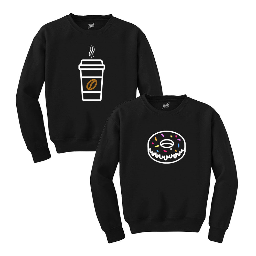 Donut and Coffee Sevgili Çift Siyah Tişört Siyah Sweatshirt