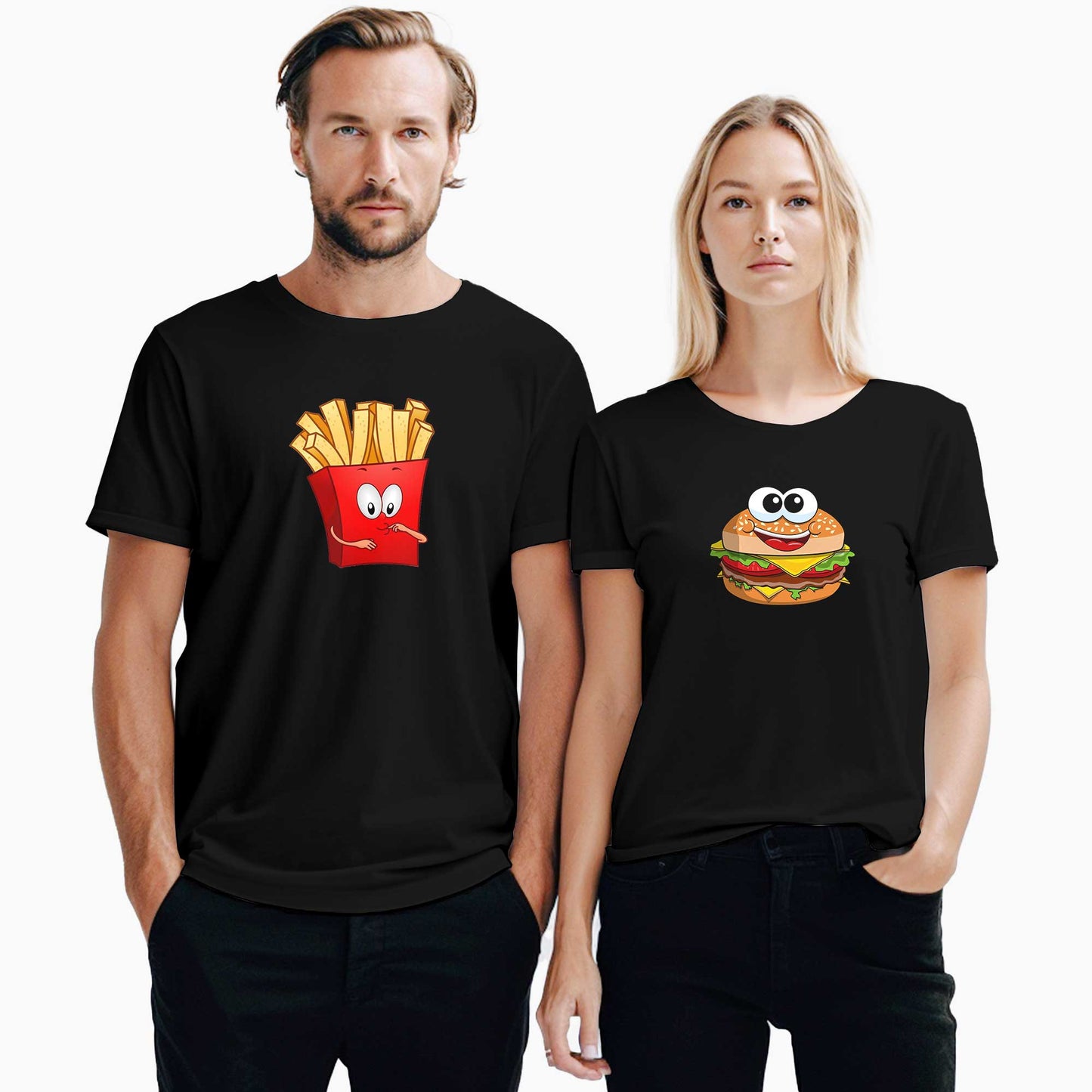 Hamburger Patates Sevgili Çift Siyah Tişört