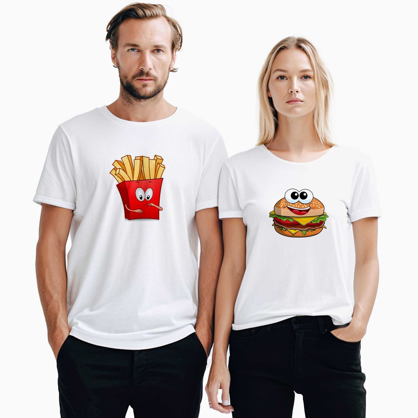 Hamburger Patates Sevgili Çift Beyaz Tişört
