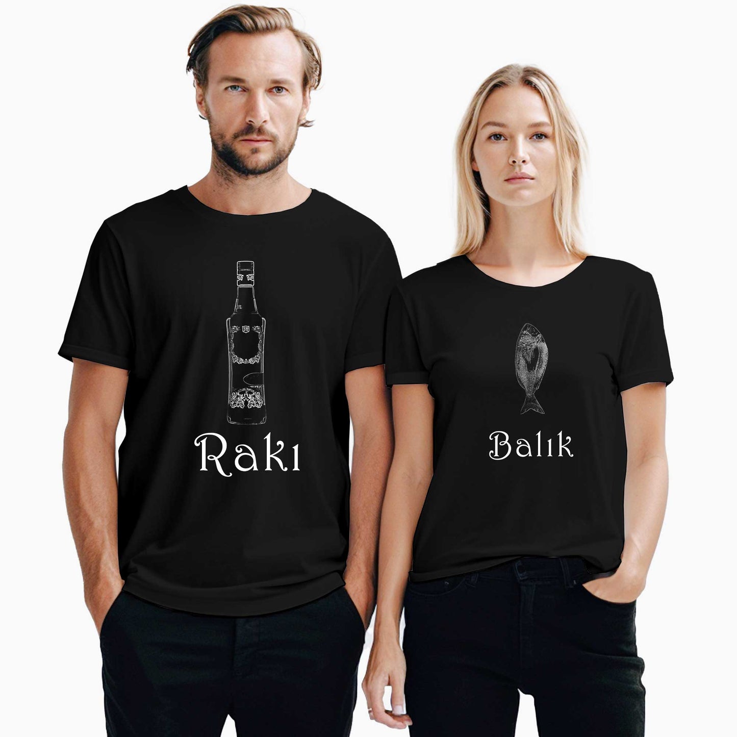 Rakı Balık Sevgili Çift Siyah Tişört