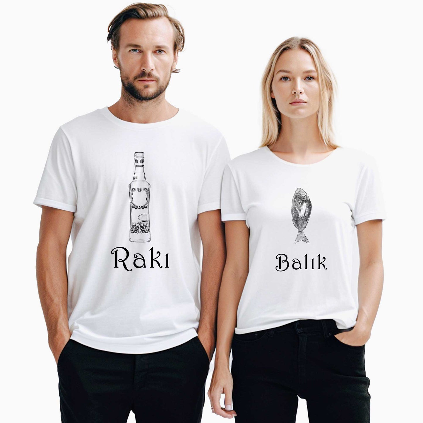 Rakı Balık Sevgili Çift Beyaz Tişört
