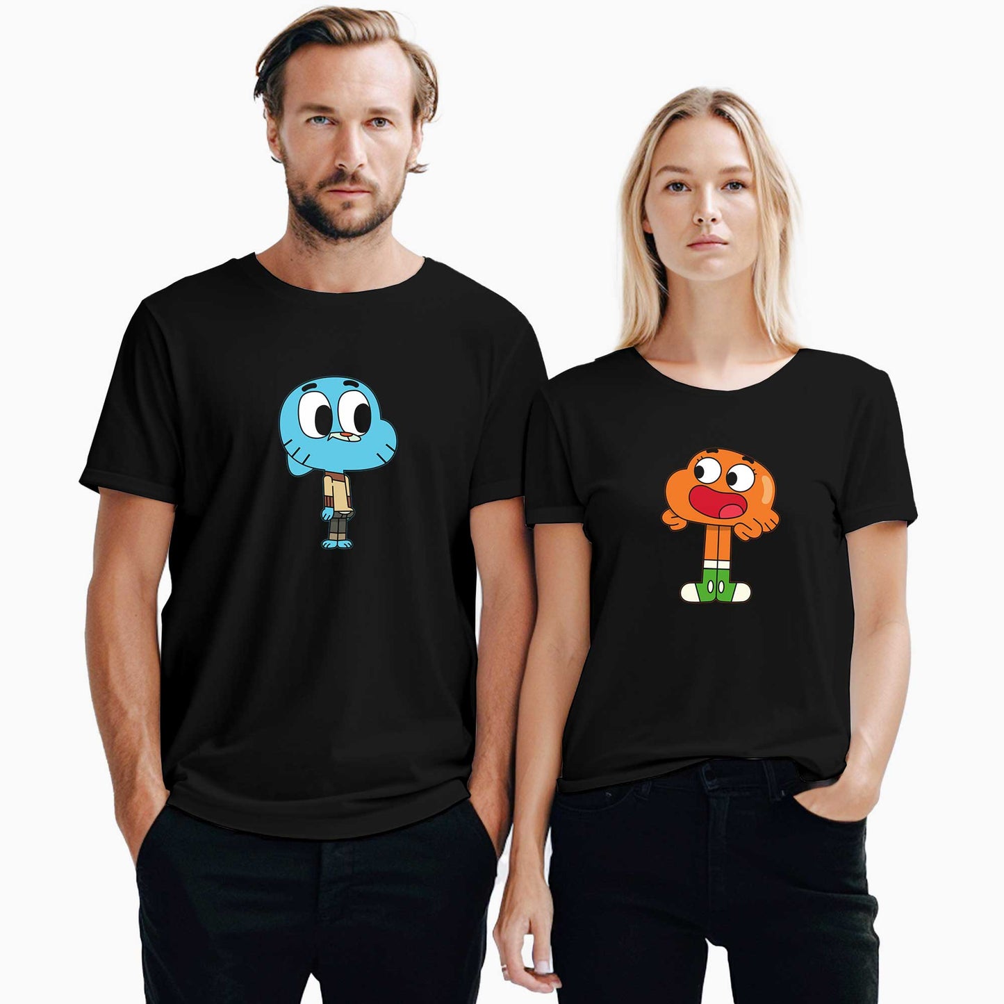 Gumball ve Darwin Siyah Sevgili Çift Siyah Tişört