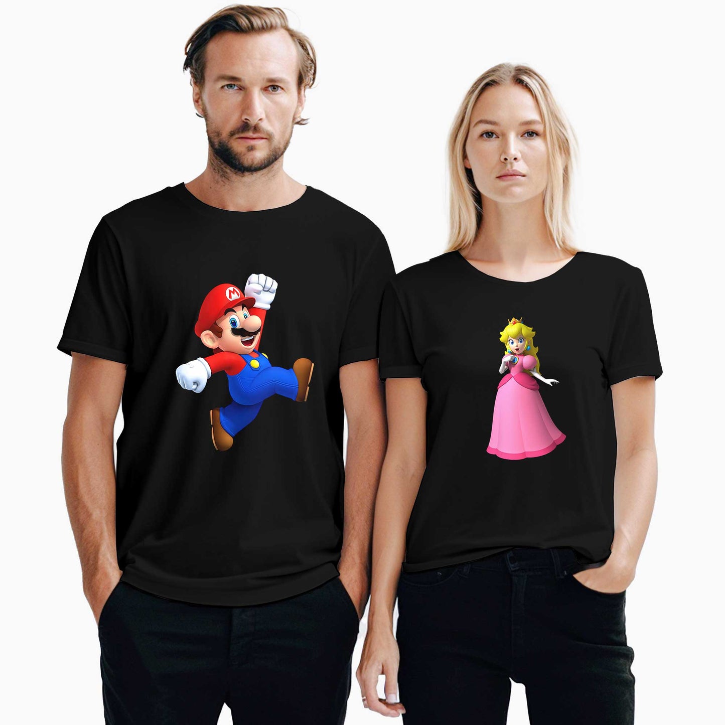 Super Mario ve Prenses Sevgili Çift Siyah Tişört