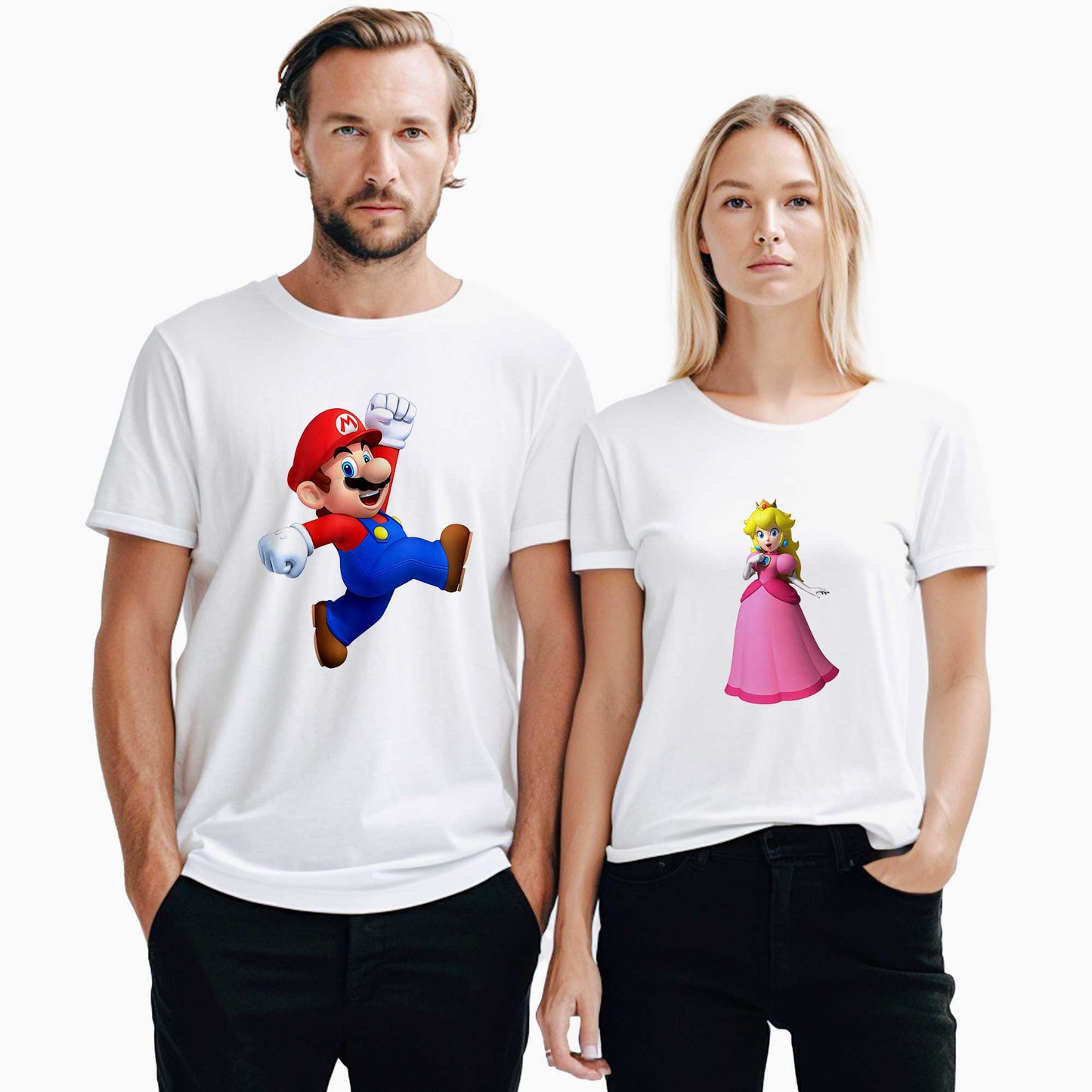 Super Mario ve Prenses Sevgili Çift Beyaz Tişört
