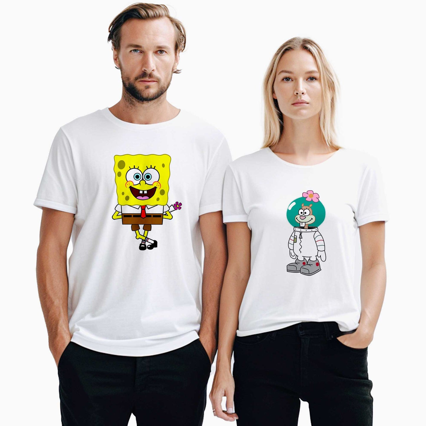 Sünger Bob ve Sandy Cheeks Sevgili Çift Beyaz Tişört