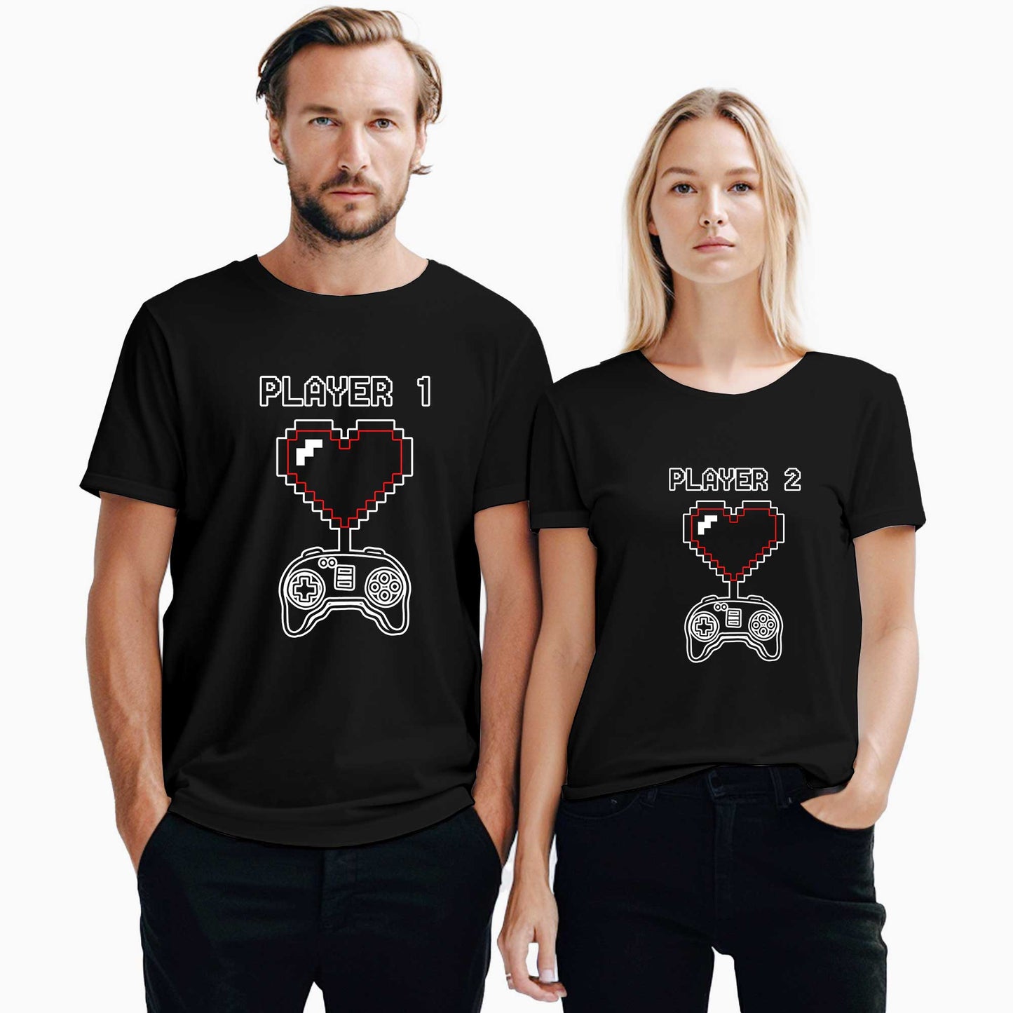 Gamer Player 1 2 Sevgili Çift Siyah Tişört