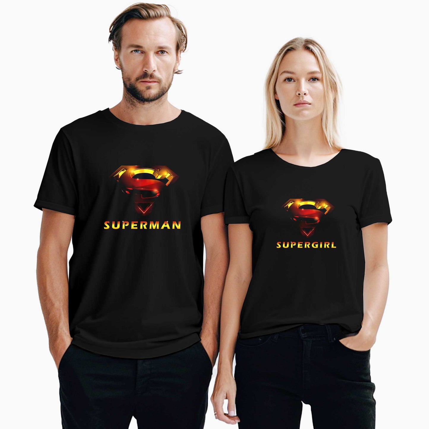 SuperGirl and Man Sevgili Çift Siyah Tişört