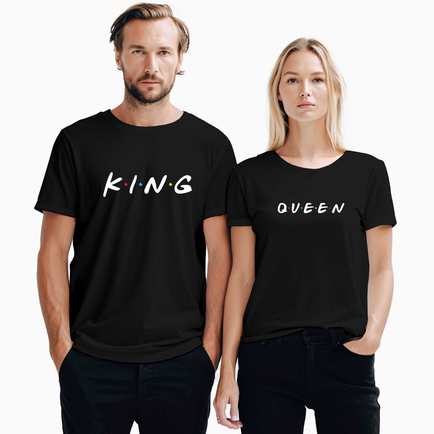 King Queen Friends Sevgili Çift Siyah Tişört