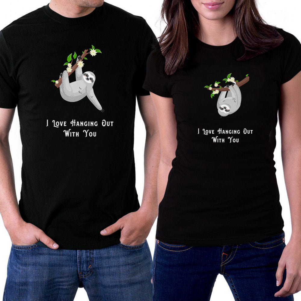 Tembel hayvan Sevgili Çift Siyah Tişört