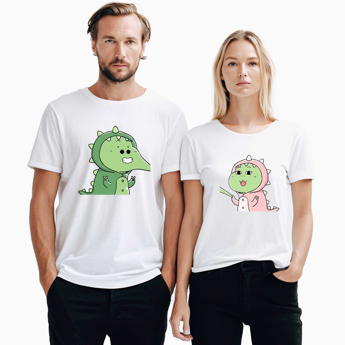 Dinazor Yanak Çekme Sevgili Çift Beyaz Tişört