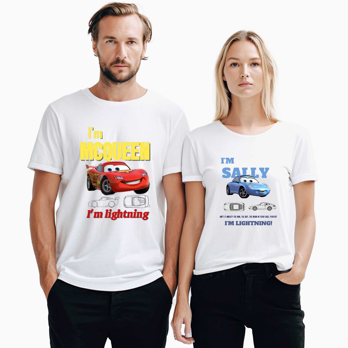 Şimşek Mcqueen and Sally Sevgili Çift Beyaz Tişört