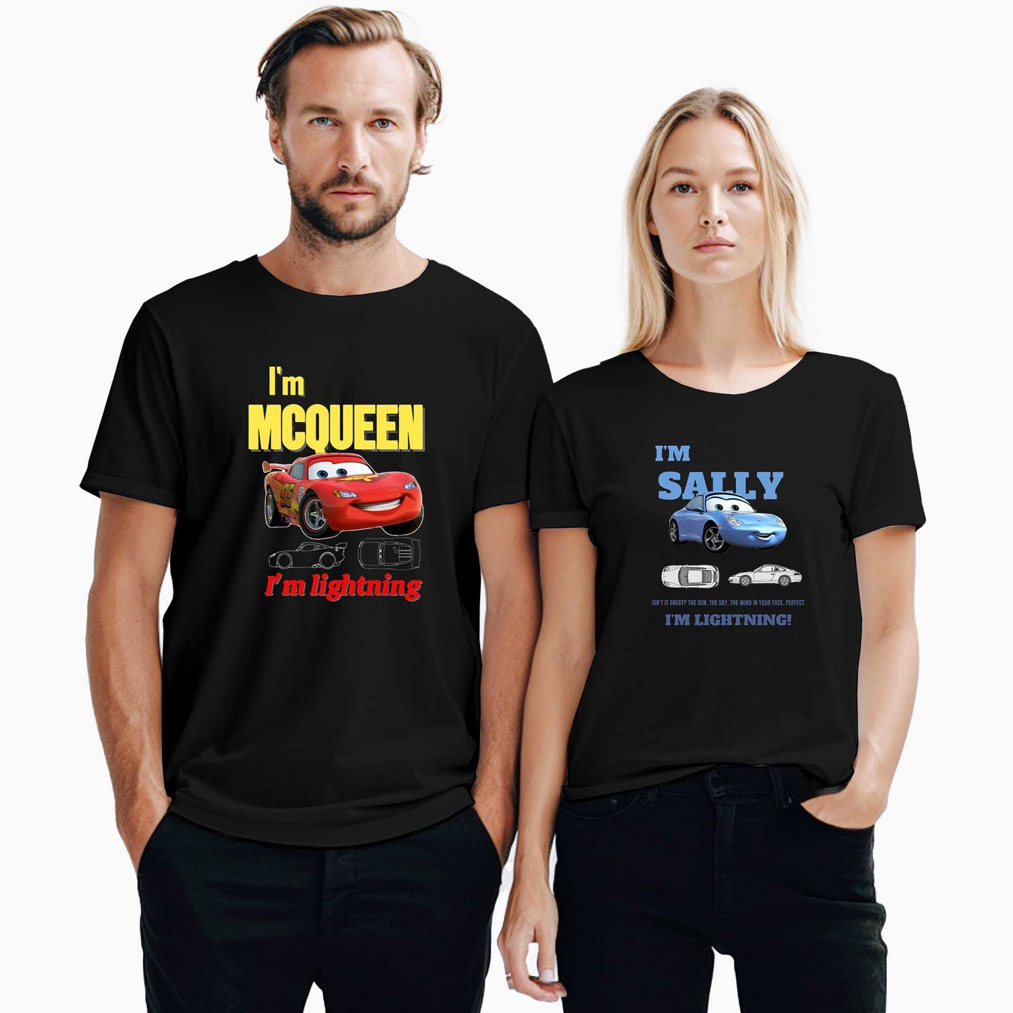 Şimşek Mcqueen and Sally Sevgili Çift Beyaz Tişört