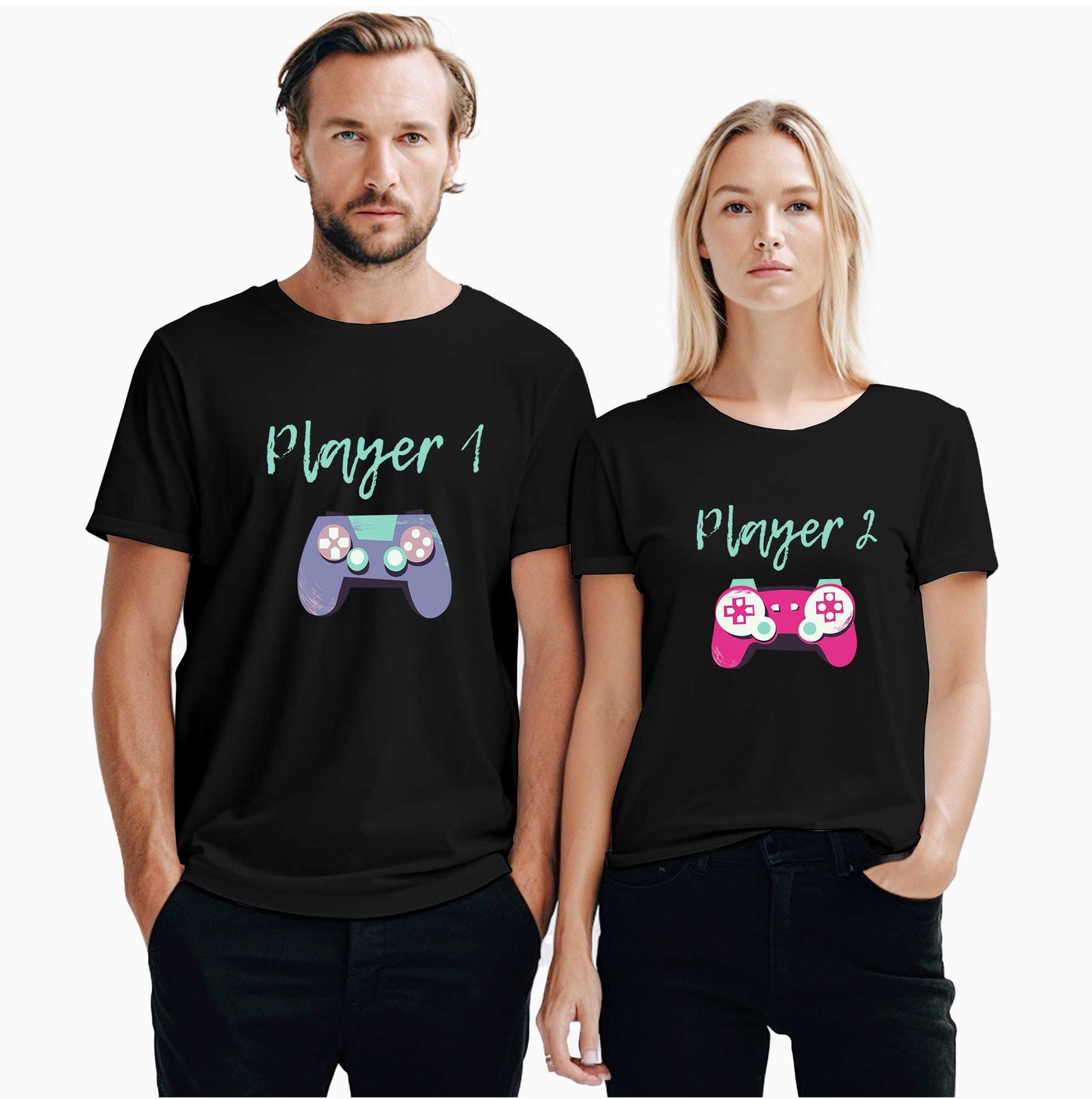 Player 1 and Player 2 Sevgili Çift Beyaz Tişört