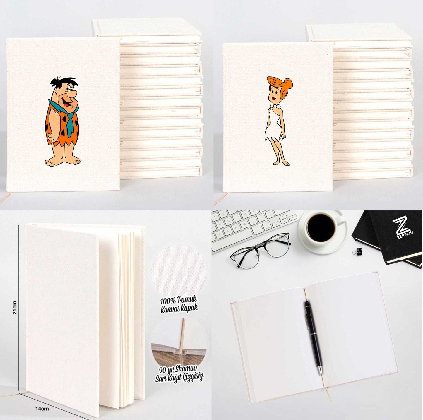 Fred ve Wilma Çakmaktaş Sevgili Çift Beyaz Tişört Kanvas Defter