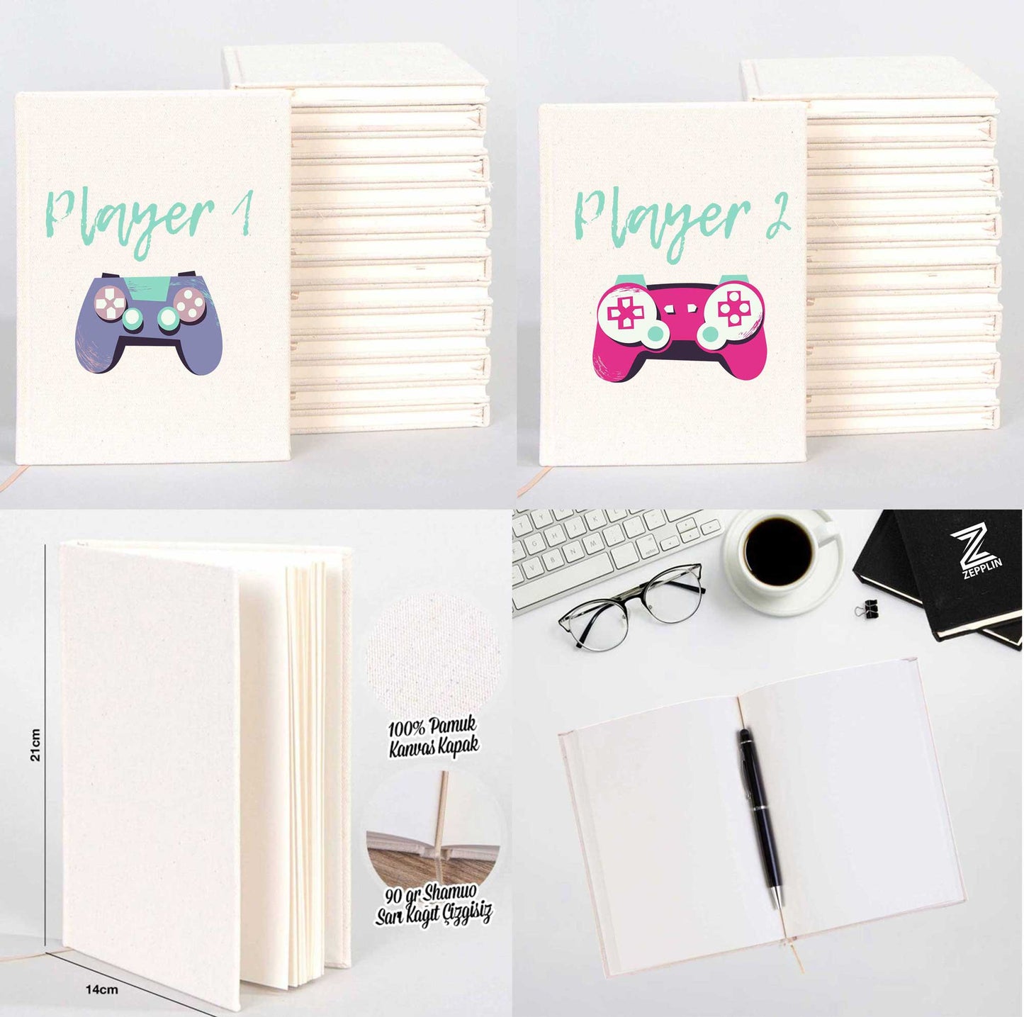 Player 1 and Player 2 Sevgili Çift Kanvas Defter
