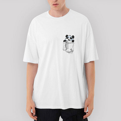 Panda Cep Oversize Beyaz Tişört