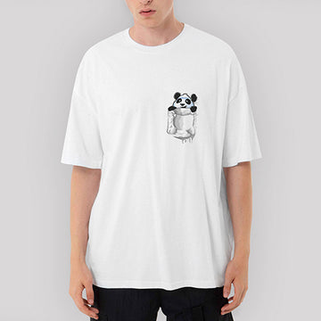 Panda Cep Oversize Beyaz Tişört