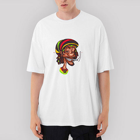 Bob Marley Smoke Cartoon Oversize Beyaz Tişört