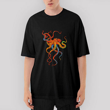 Ahtapot Octopus Full Color Oversize Siyah Tişört