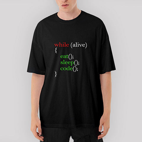 Eat Sleep Code Yazılımcı Oversize Siyah Tişört