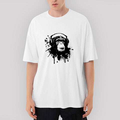 Maymun ve Müzik Oversize Beyaz Tişört