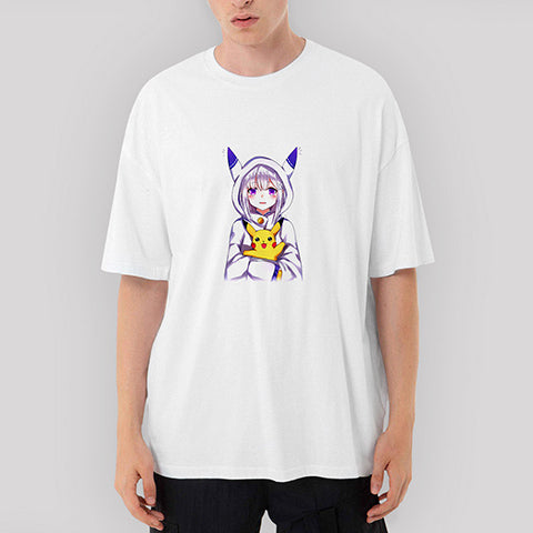 RE Zero Emilia and Pikachu Oversize Beyaz Tişört