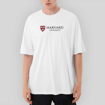 Harvard University Logo Text Oversize Beyaz Tişört