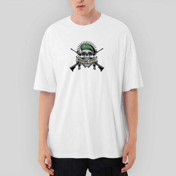 Military Style Skull Logo Oversize Beyaz Tişört