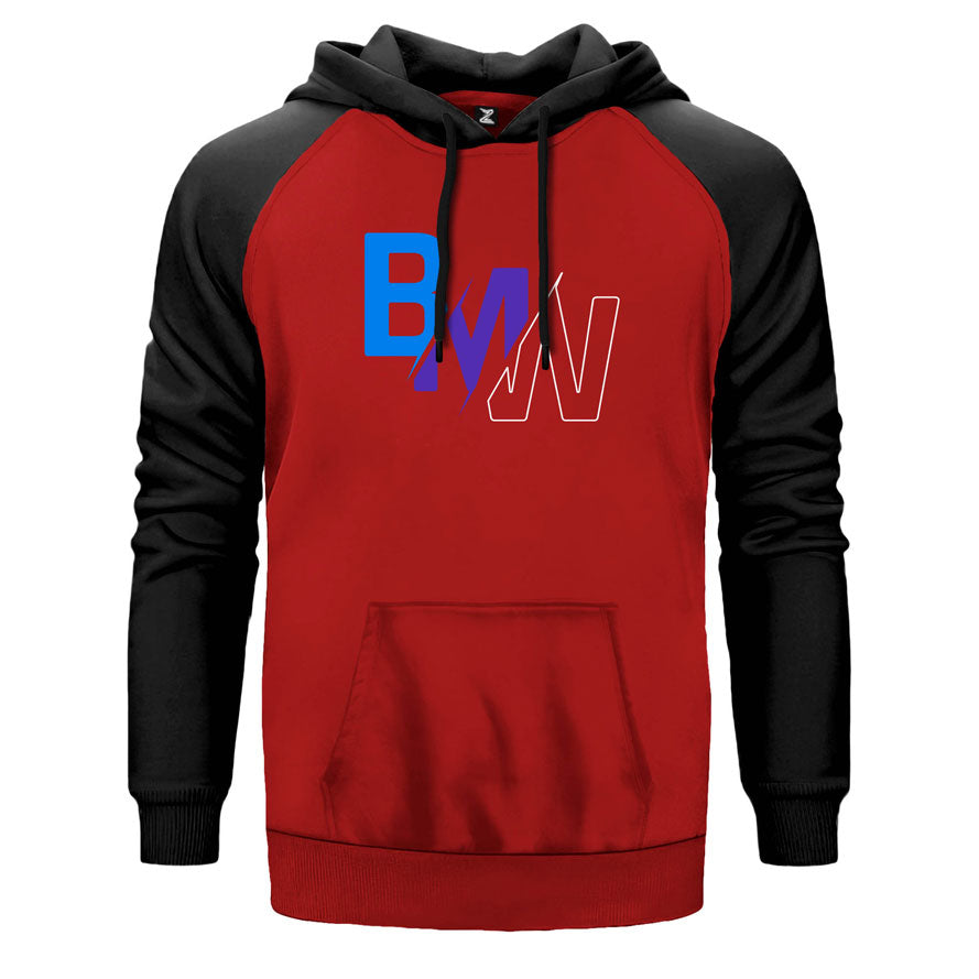BMW Colourful Logo çift renk reglan kol kapşonlu sweatshirt - kırmızı