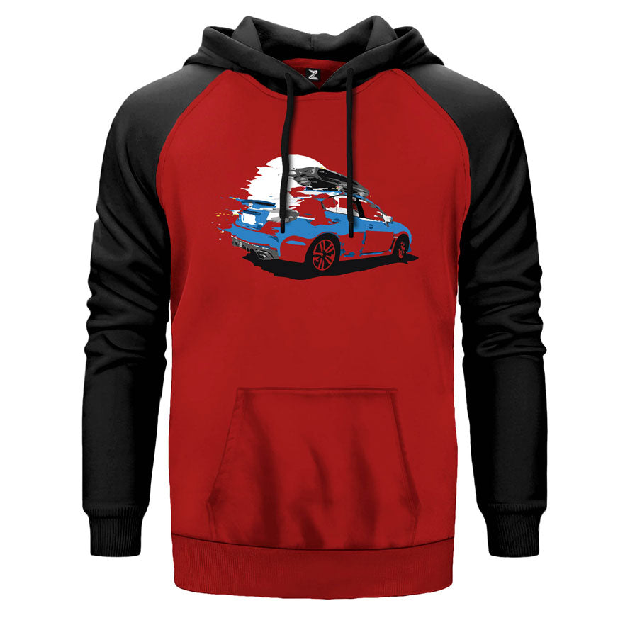 Subaru çift renk reglan kol kapşonlu sweatshirt - kırmızı