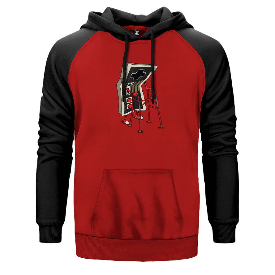 Game Boy Vintage çift renk reglan kol kapşonlu sweatshirt - kırmızı