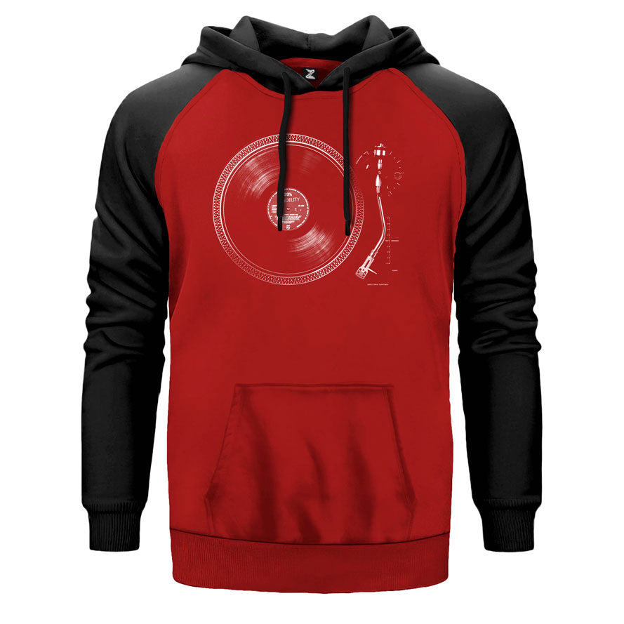 Gramafon Skatch çift renk reglan kol kapşonlu sweatshirt - kırmızı