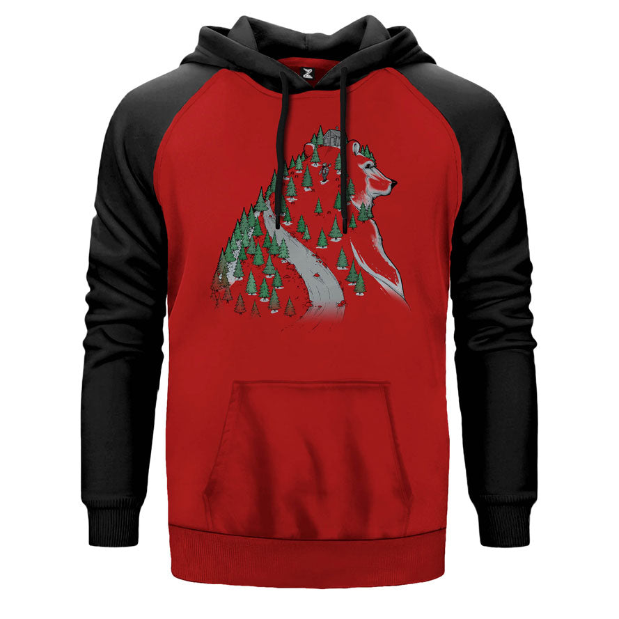 Forest Bear çift renk reglan kol kapşonlu sweatshirt - kırmızı
