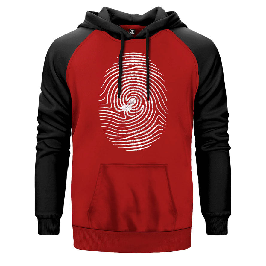 Octopus Print çift renk reglan kol kapşonlu sweatshirt - kırmızı