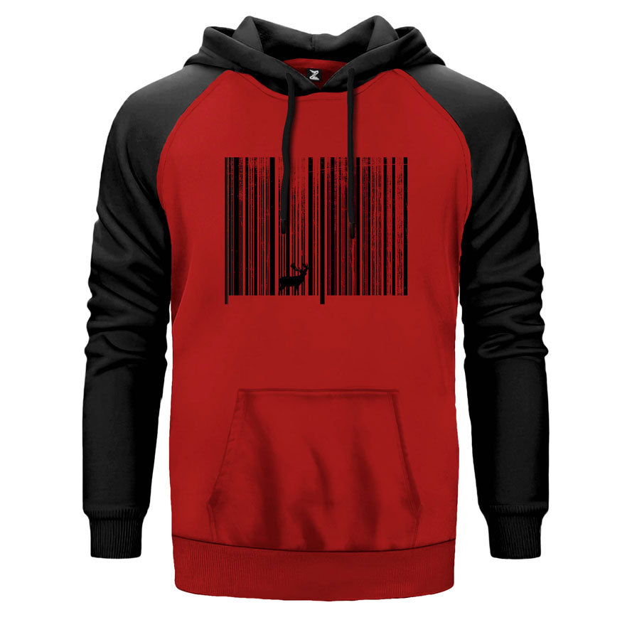 Forest Barcode çift renk reglan kol kapşonlu sweatshirt - kırmızı